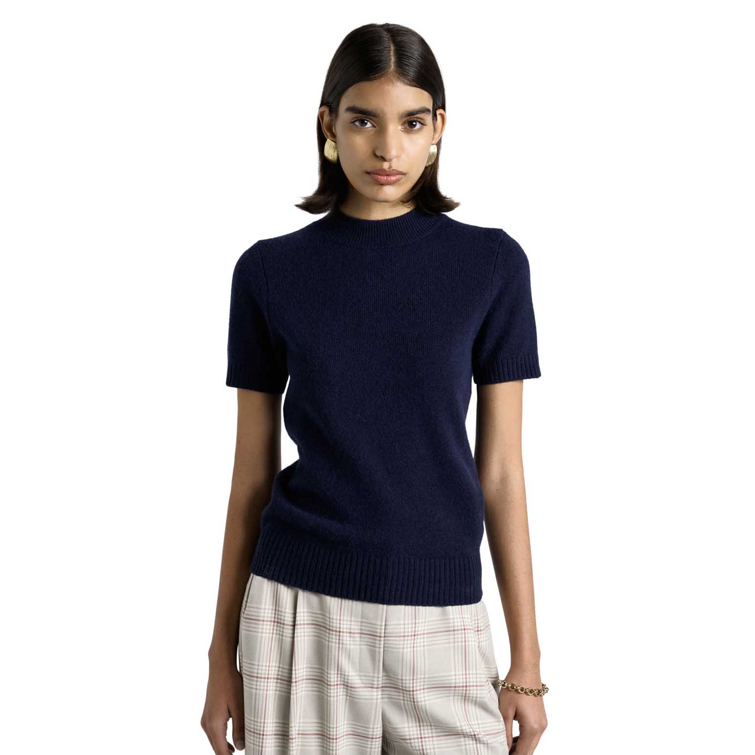 Cue Merino Cashmere Blend Mock Neck Short Sleeve Knit
